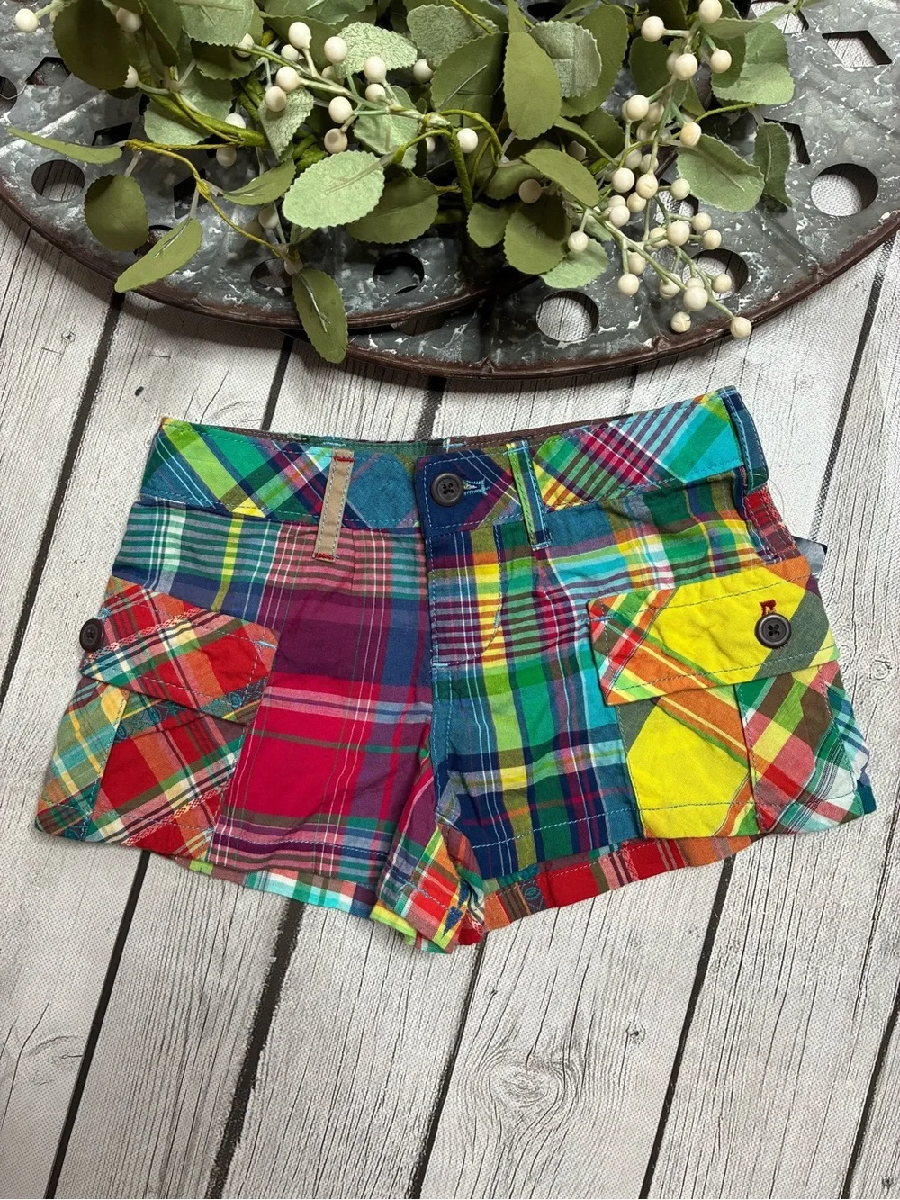 Ralph Lauren Patchwork Madras Plaid Cargo Shorts-Girls